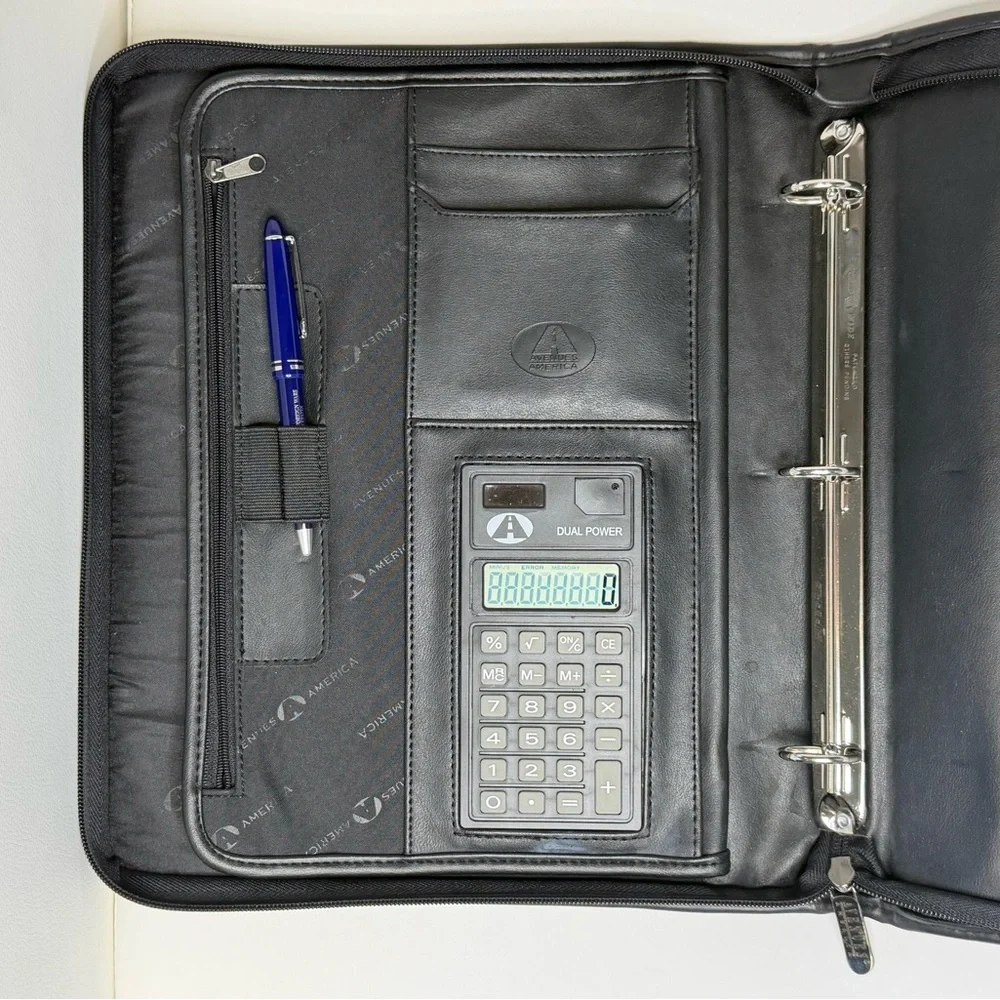 Avenues America  PU black leather zippered portfolio ring binder and calculator